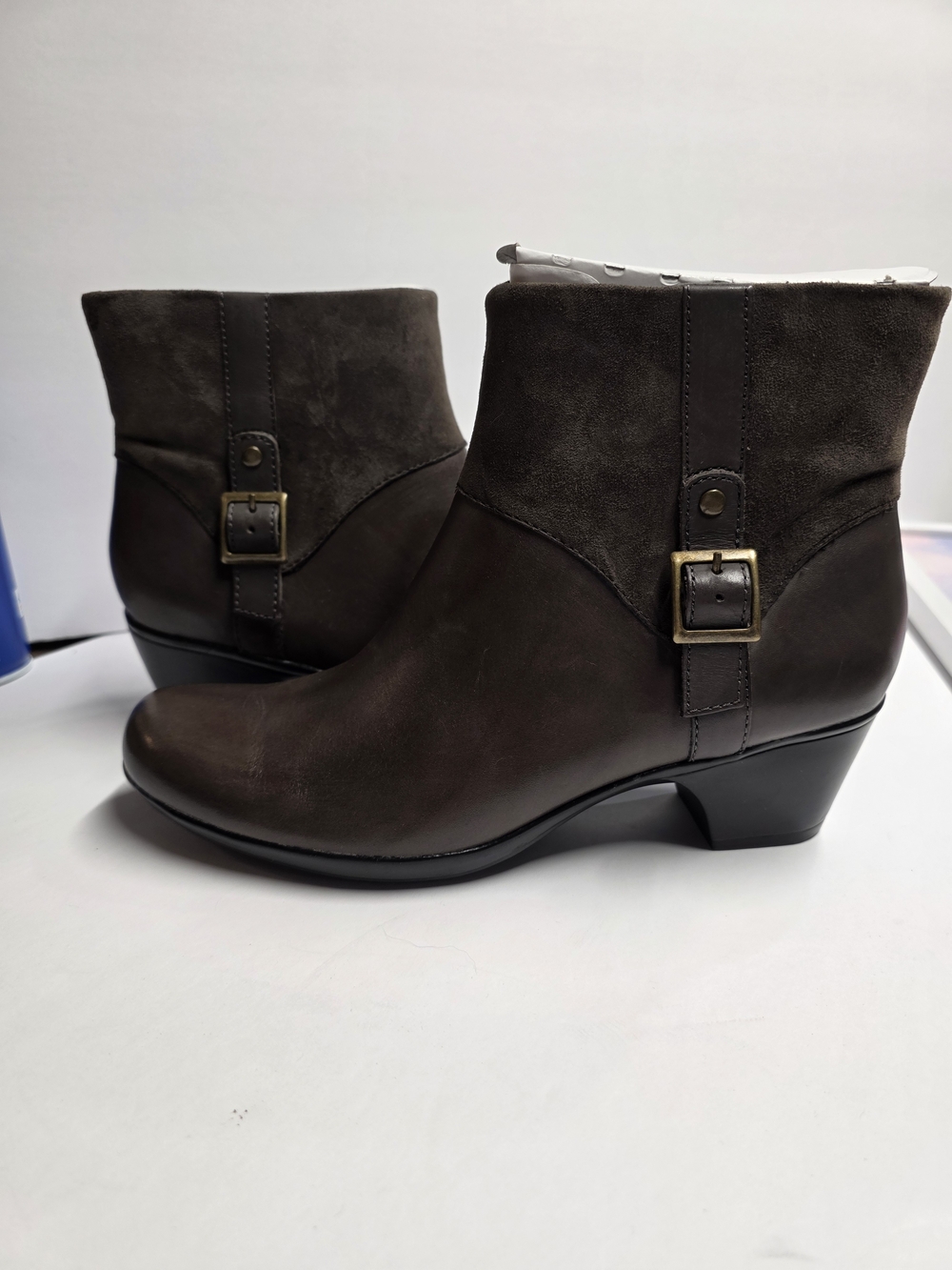Clarks Brown/Grey Leather & Suede Ankle Boots w/ Buckle *Please Read Description - Picture 5 of 10